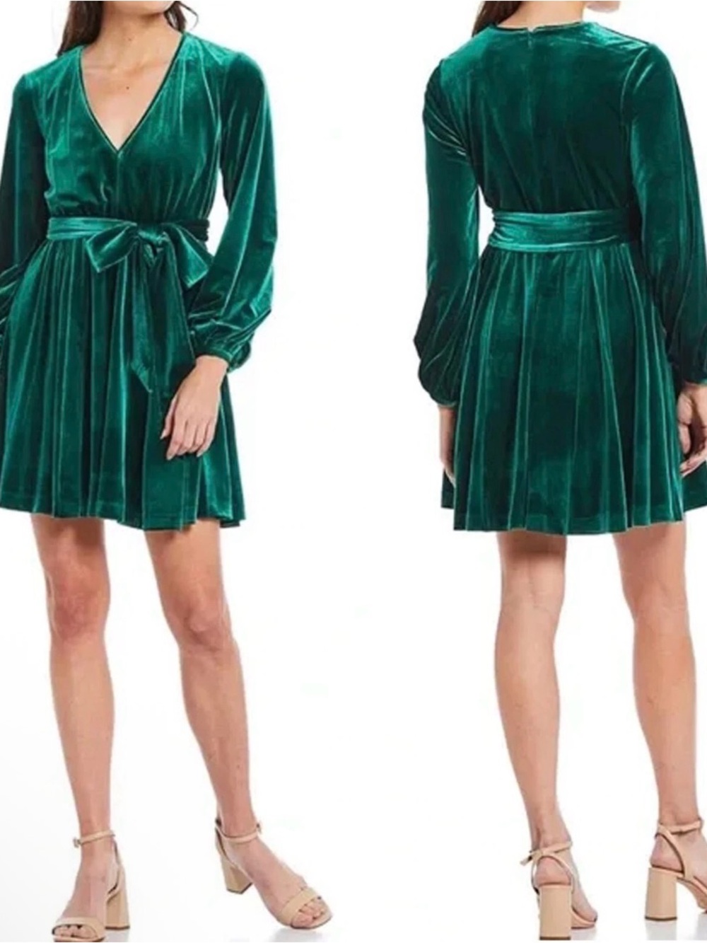 Badgley Mischka Cocktail Emerald Velvet V‑Neck Wrap Mini Dress Size 8